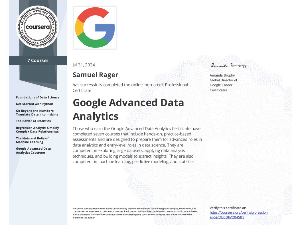 Google Advanced Data Analytics Certificate